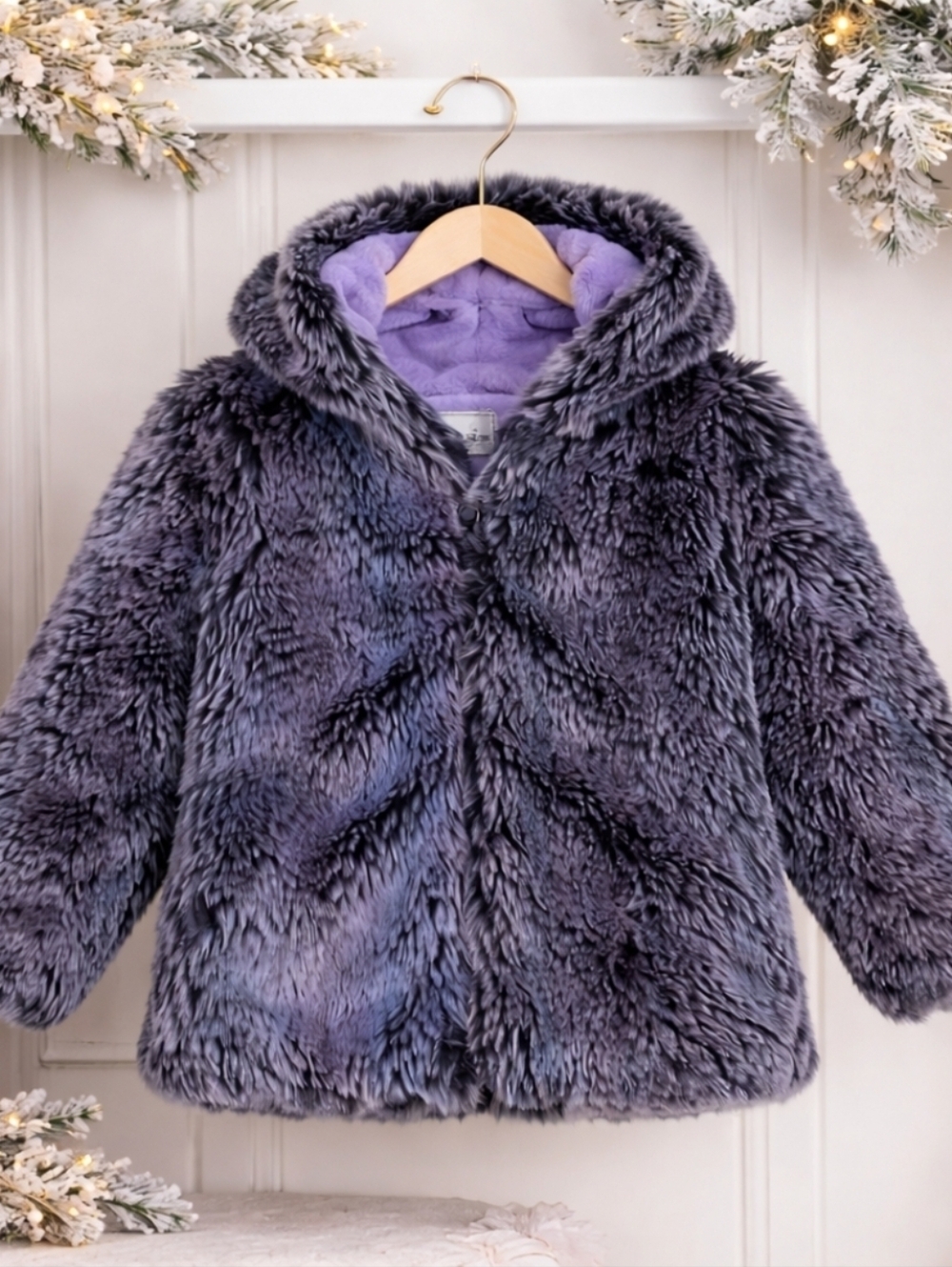 American Wigeon Faux Fur Hooded Jacket Girls Sz 4 Gray Plush Purple Lining